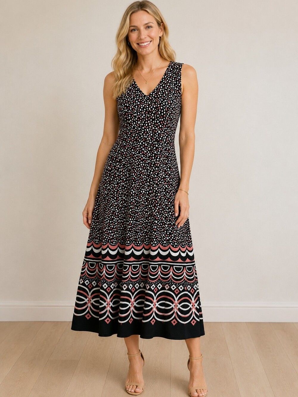 Danny & Nicole Black Pink Dot Geometric Border Sleeveless Midi Dress, Size 6P